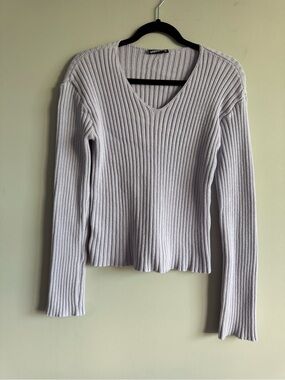 Vintage Fashion Bug Lilac Purple Cotton Ribbed Knit V Neck Long Sleeve Sweater